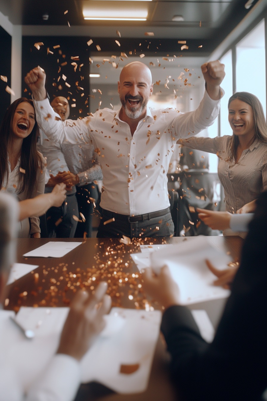 Hyperrealistic 4K photo of a team of office women and men celebrating with a client in a boardroom, the leader is bald no beard and mustache --ar 2:3 --v 6.1 Job ID: 6fcbc71b-b0e4-4f98-8452-12c725f9654d