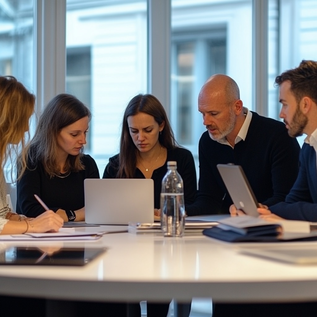 4k a group of 5 office co-workers 3 women and 2 men, one of the man with no hair, all in a meeting table, watching a laptop making analisis --v 6.1 Job ID: 06c8ed5b-f48b-4473-a445-3243a940223e